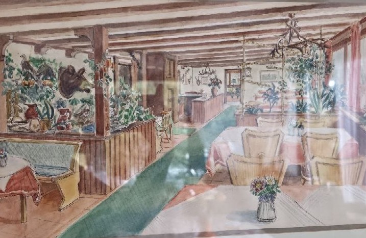 Gæstestuen i den tidligere hotelrestaurant, akvarel